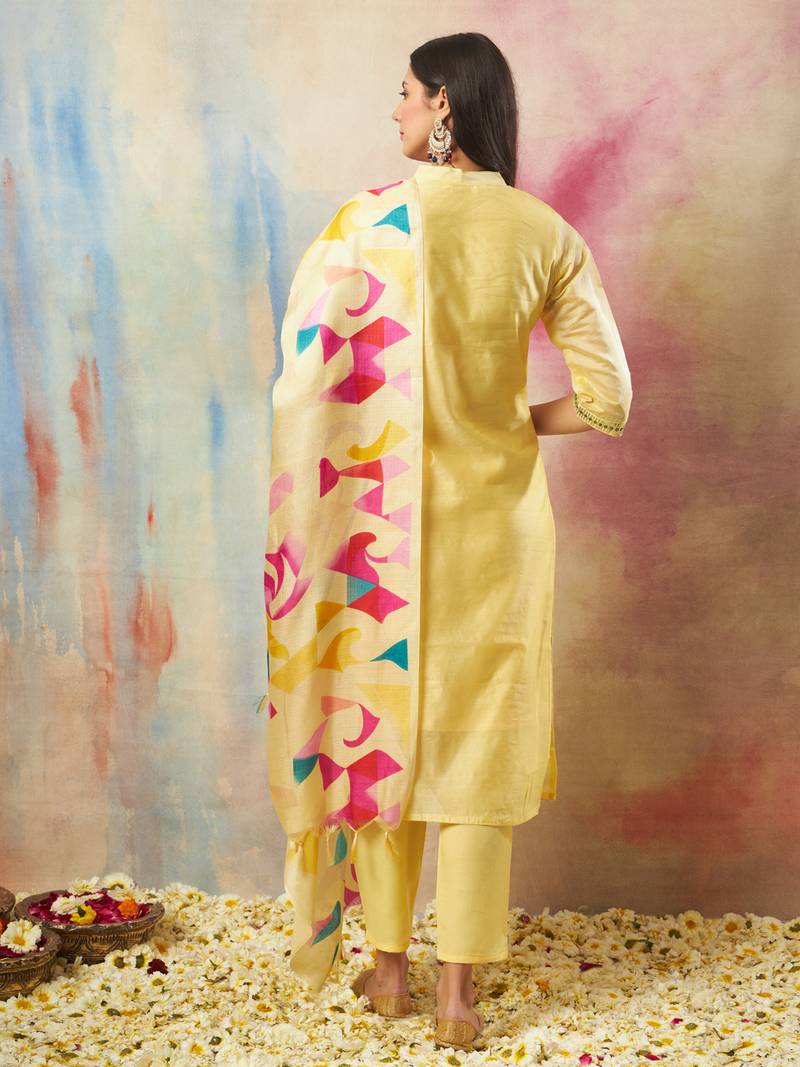Aarohi Yellow Chanderi Embroidered Kurti Set