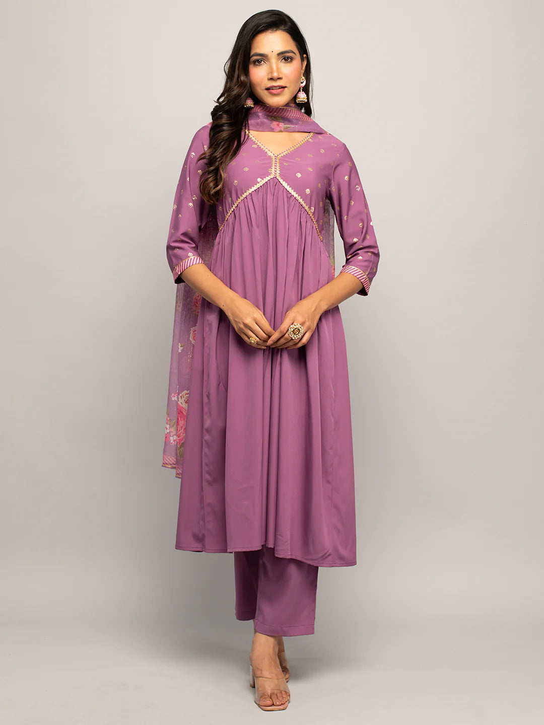 Manohari Women's Lavender Crepe A-line Kurta With Pant And Dupatta