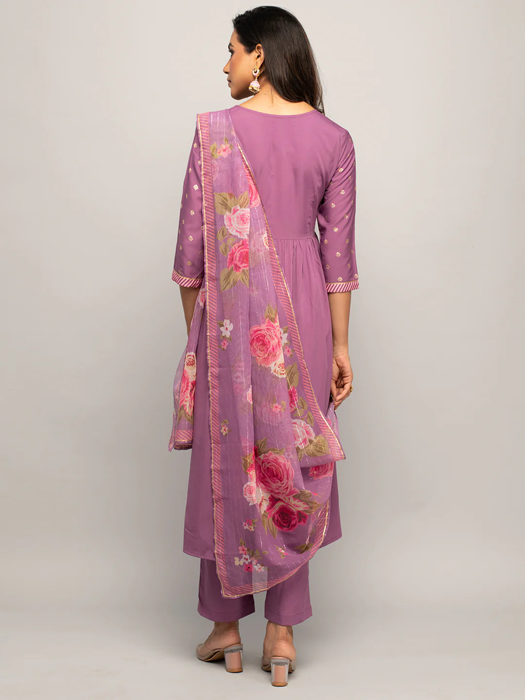 Manohari Women's Lavender Crepe A-line Kurta With Pant And Dupatta