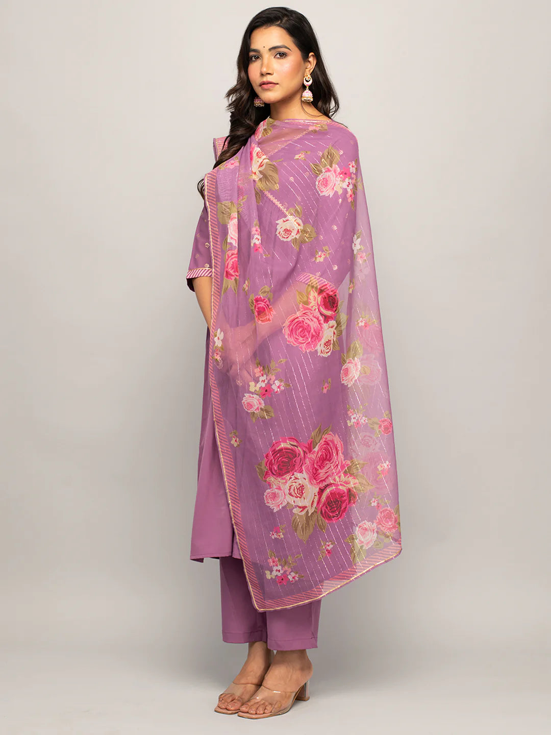Manohari Women's Lavender Crepe A-line Kurta With Pant And Dupatta