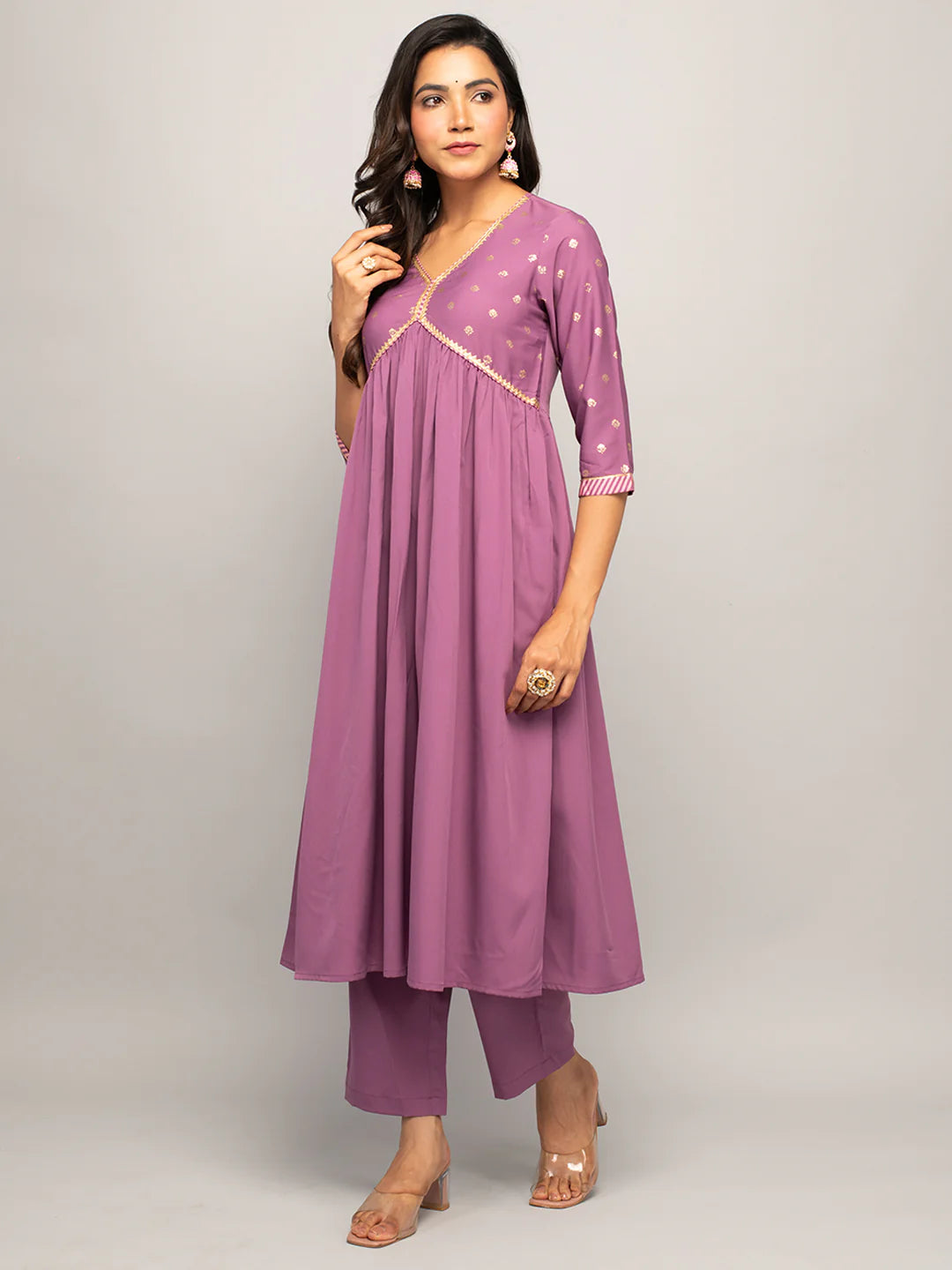 Manohari Women's Lavender Crepe A-line Kurta With Pant And Dupatta