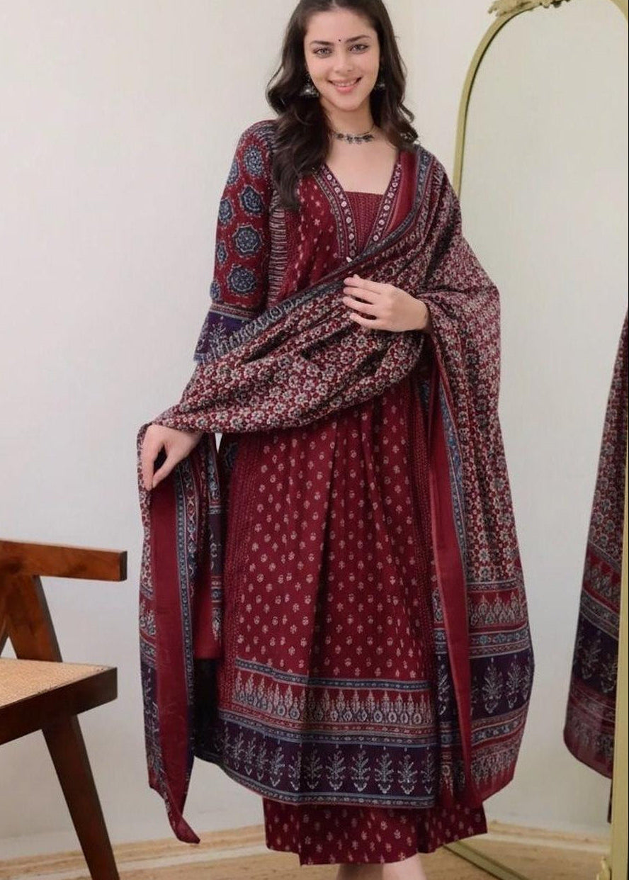 Nimisha Printed Red Anarkali Kurti Set