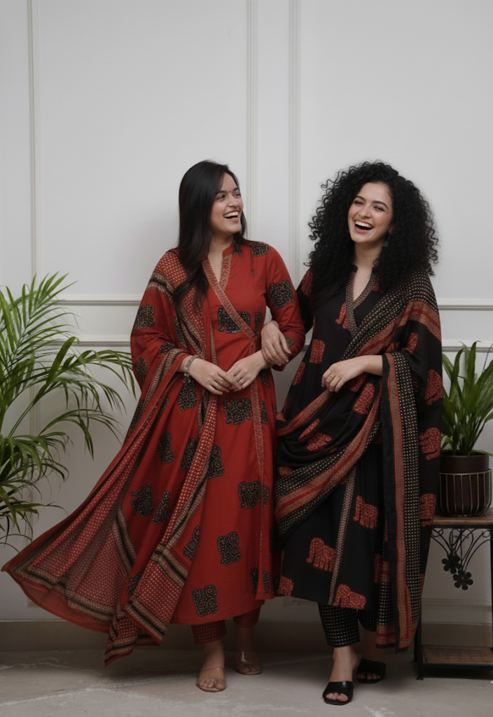 Anokhi Stylish Angrakha style straight cut kurti set with elephant block print