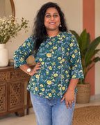 Vama Cotton Teal Green Floral Print Short Kurti for Women with 3/4th sleeves and gota lace