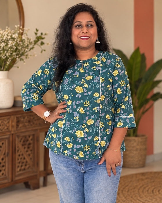 Vama Cotton Teal Green Floral Print Short Kurti for Women with 3/4th sleeves and gota lace
