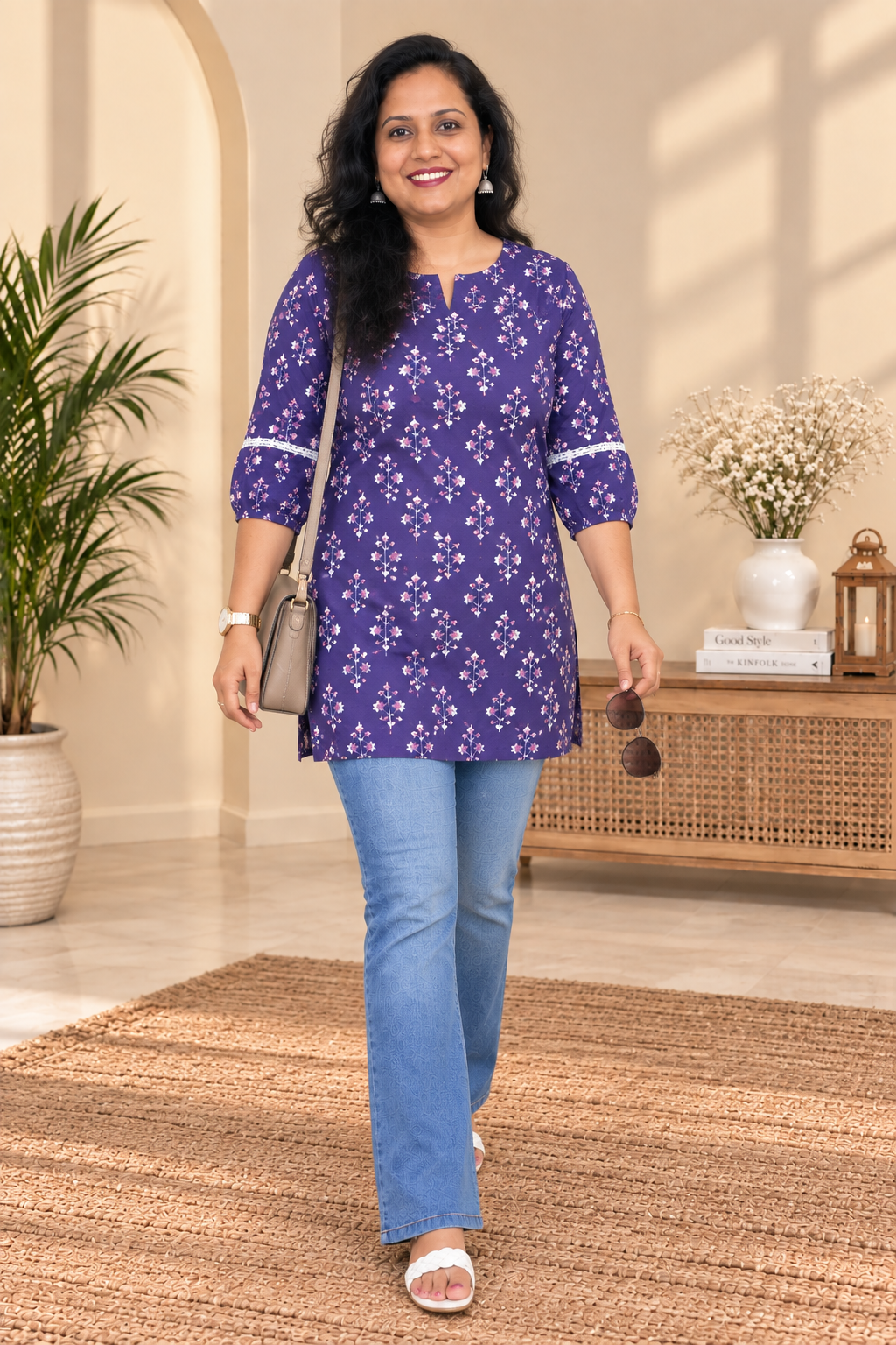 Aakshi Cotton Purple Short Kurti for Women with 3/4th Puffed sleeves & lace