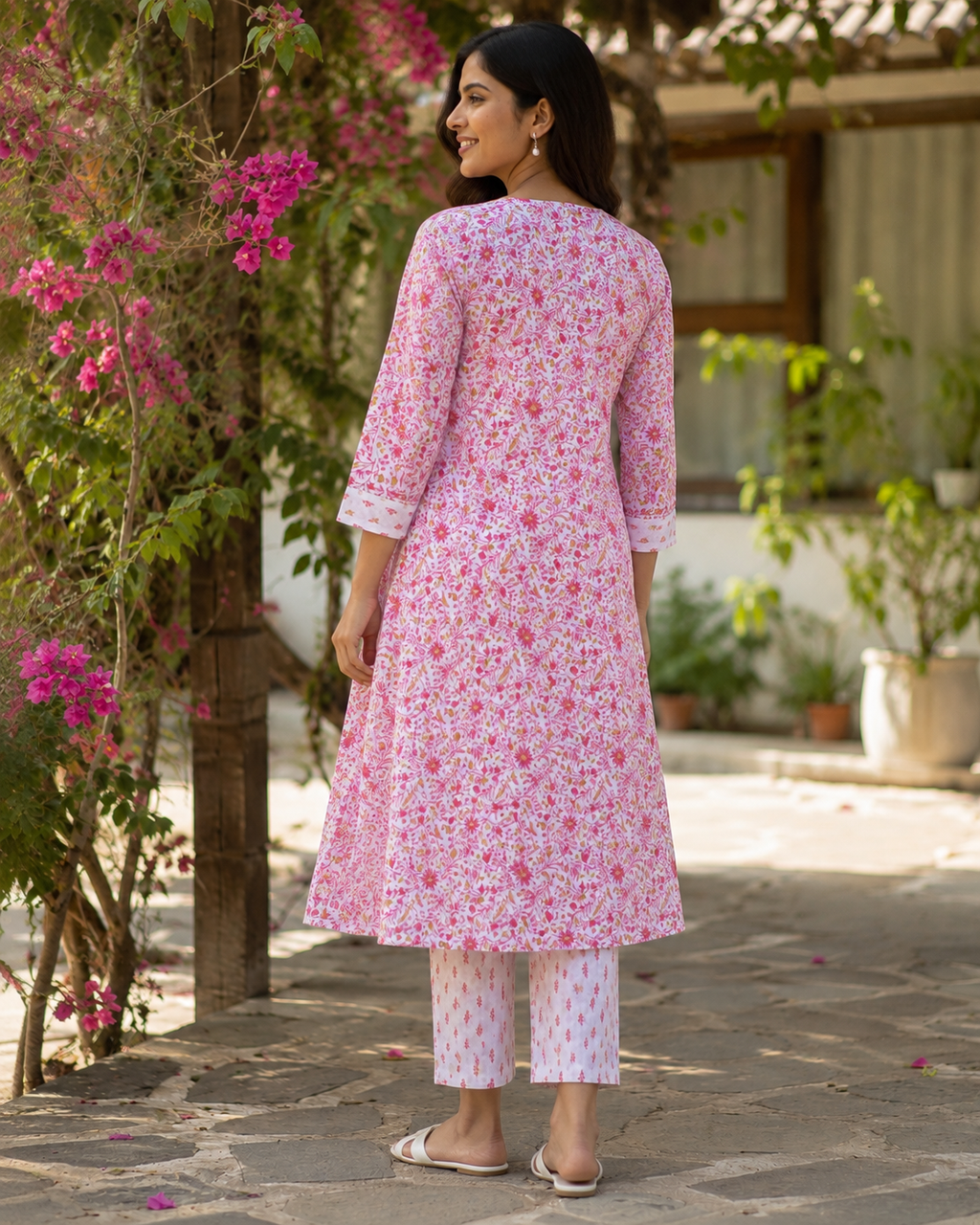 Mishri Pink & white floral print Cotton Kurta Pant Set with lining
