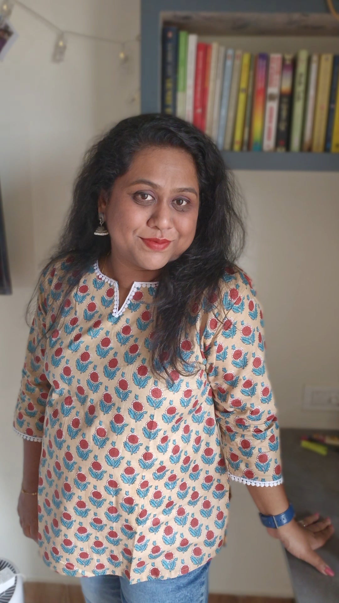 Women's Mustard Floral Print Cotton Kurti | Short Kurti with Lace Detail