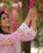 Mishri Pink & white floral print Cotton Kurta Pant Set with lining