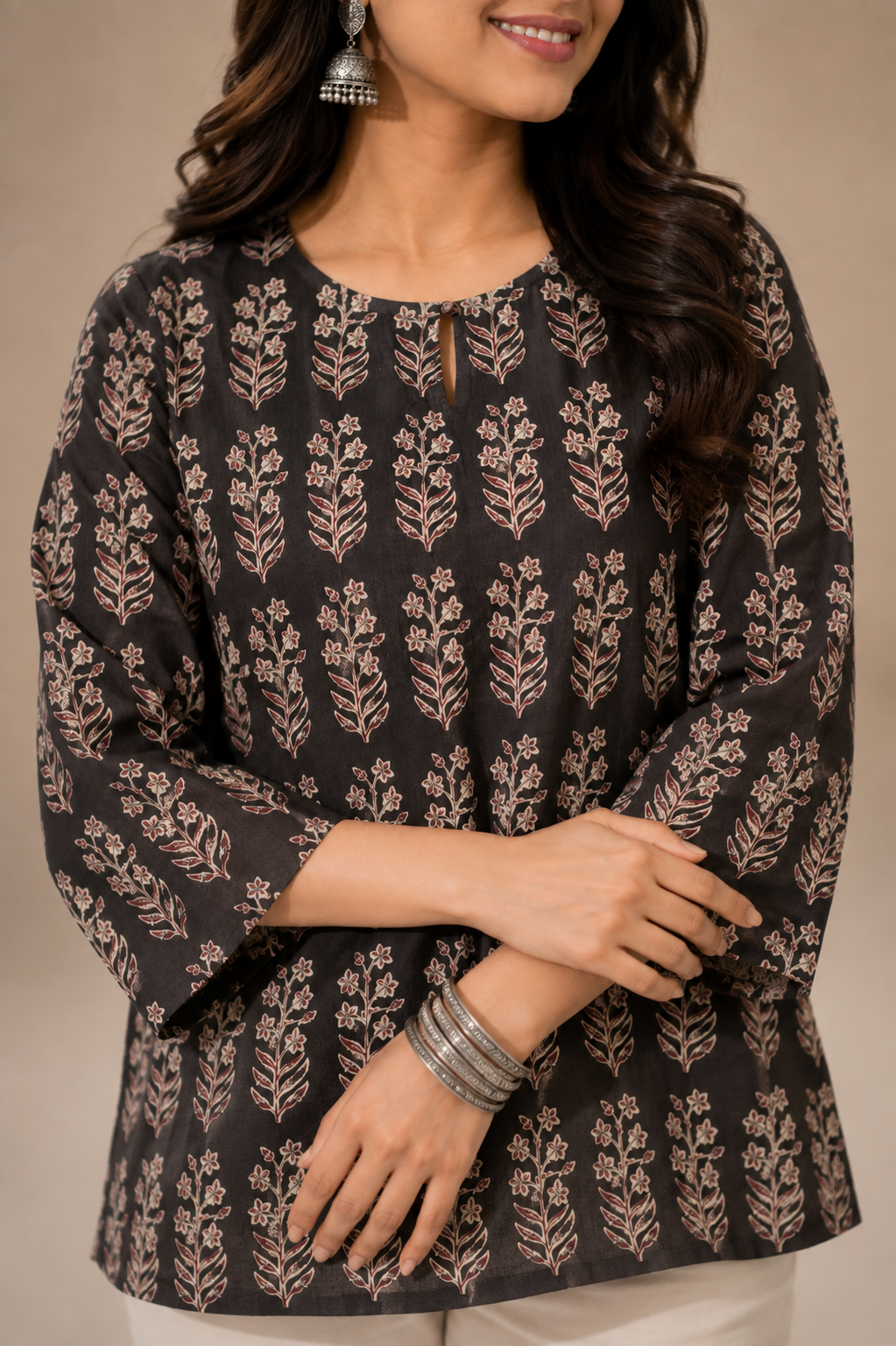 Shyamali Handblock Printed Pure Cotton Short Kurti –Charcoal Black