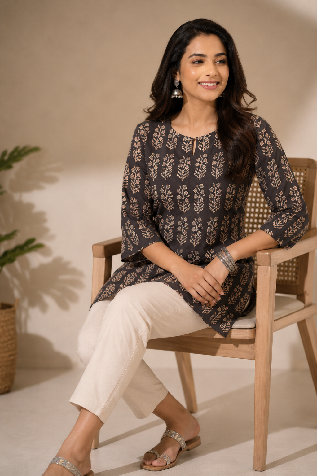 Shyamali Handblock Printed Pure Cotton Short Kurti –Charcoal Black