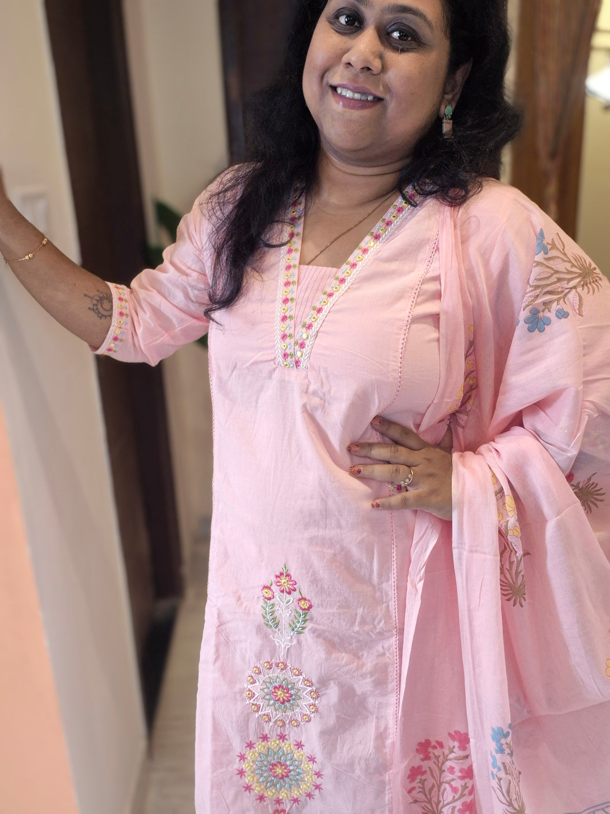 Meher Pink Embroidered Mul Chanderi Straight Kurta Set