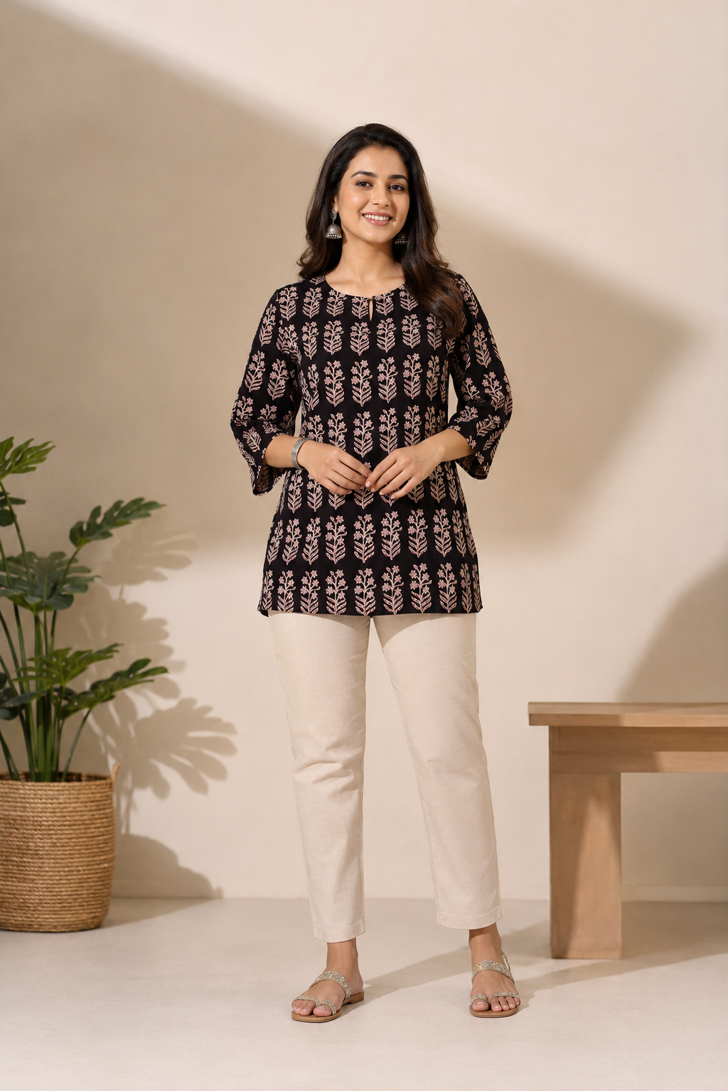Shyamali Handblock Printed Pure Cotton Short Kurti –Charcoal Black