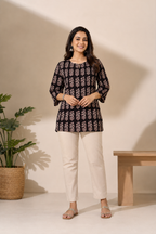 Shyamali Handblock Printed Pure Cotton Short Kurti –Charcoal Black
