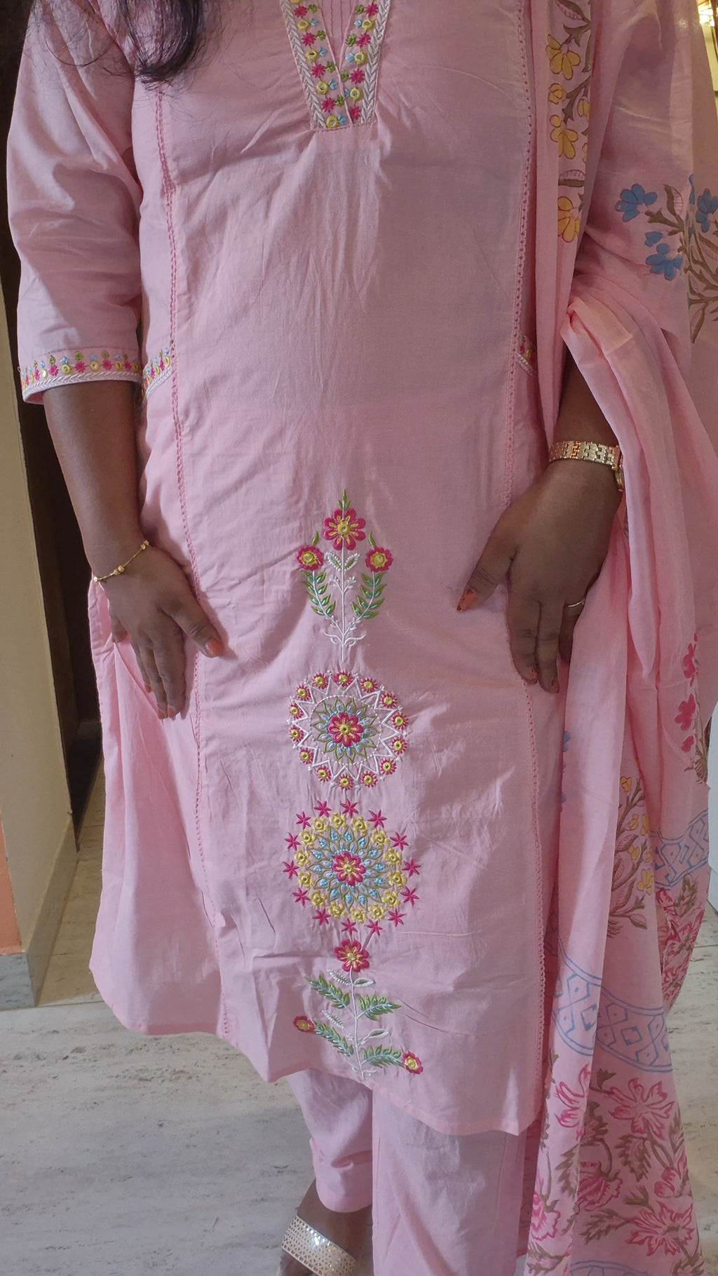 Meher Pink Embroidered Mul Chanderi Straight Kurta Set