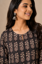 Shyamali Handblock Printed Pure Cotton Short Kurti –Charcoal Black
