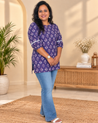 Aakshi Cotton Purple Short Kurti for Women with 3/4th Puffed sleeves & lace