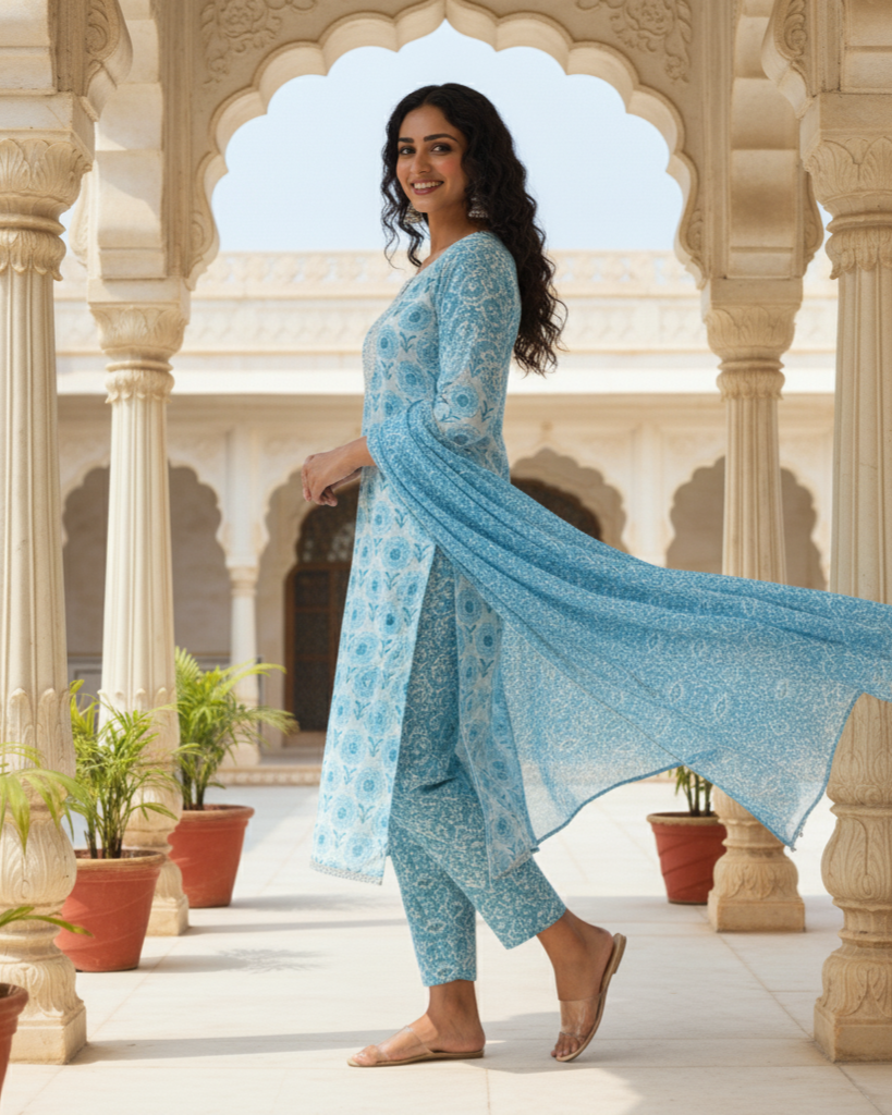 Taara Premium Cotton embroidered sky blue Kurti set