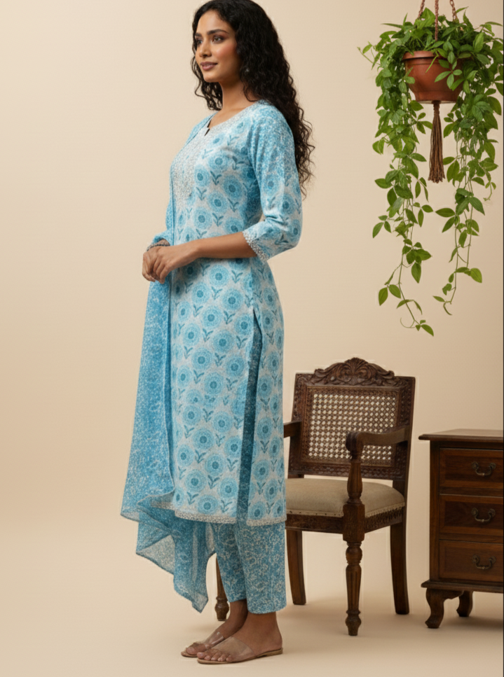Taara Premium Cotton embroidered sky blue Kurti set