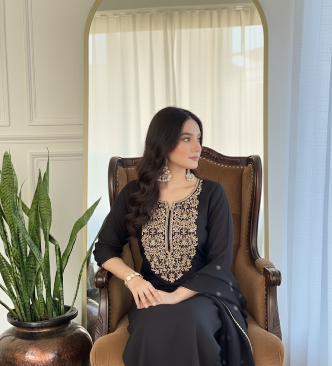 Zarwa Black Embroidered Kurti Set