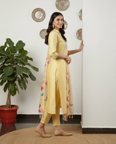 Aarohi Yellow Chanderi Embroidered Kurti Set