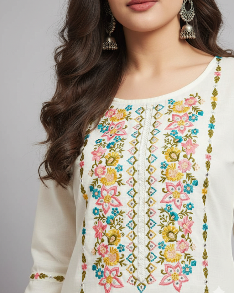 Saadgi White Cotton multi coloured embroidered Kurti set with tie dye dupatta