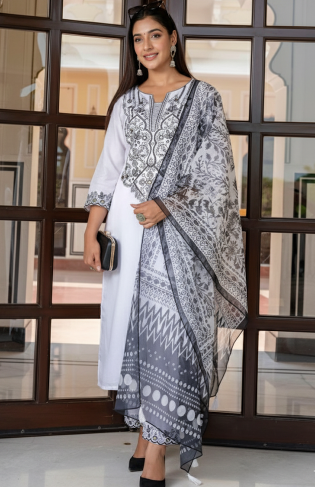 Charvi Premium Straight fit Kurti set with heavy neckline embroidery